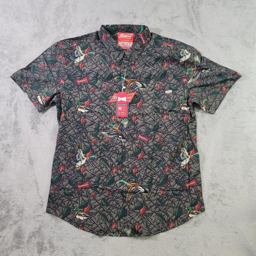 RSVLTS Men's Short Sleeve Button Shirt Size XL King of Quacks Budweiser NWOT
